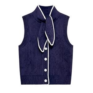 Commense Tie Neck Sweater Vest Contrast Trim Navy Button Knit Size M Euro Chic